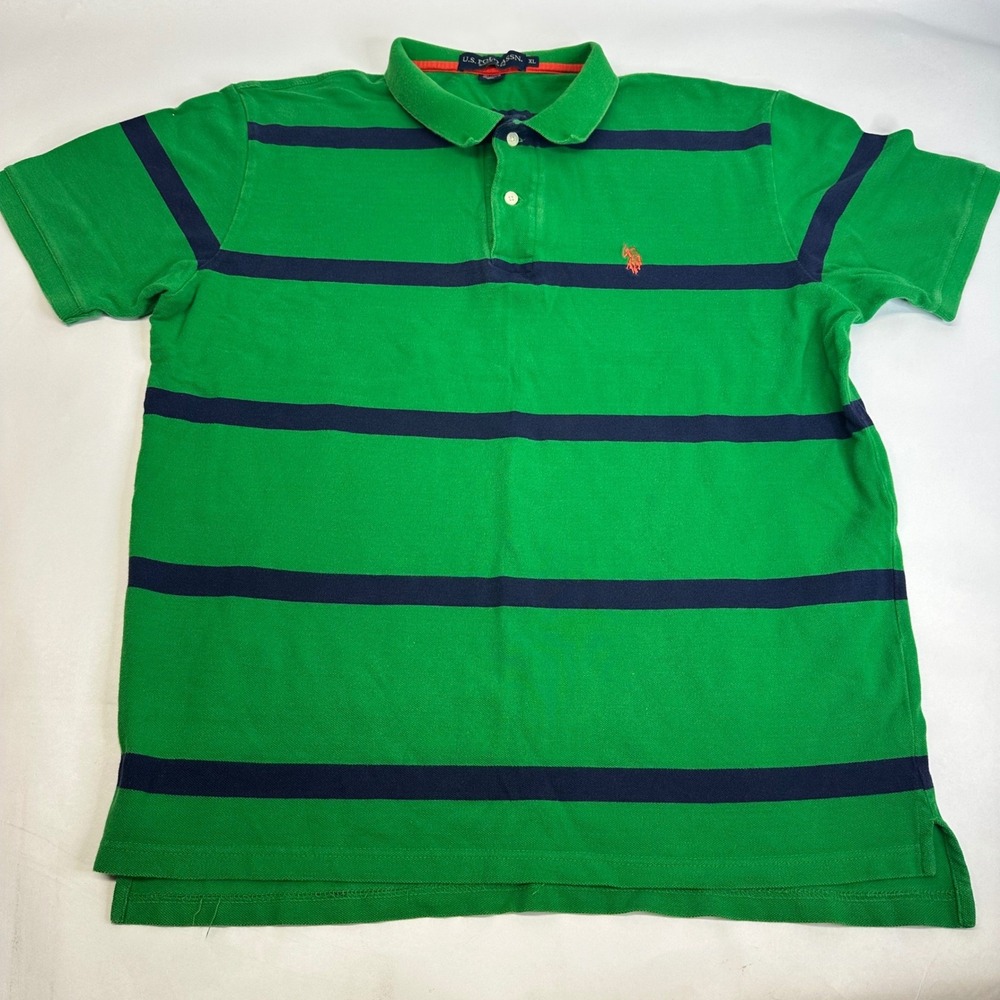 US Polo Assn Mens‎ Polo Shirt XL Green Navy Blue Striped Short Sleeve Cotton